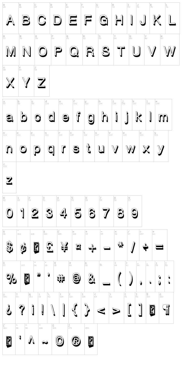 Red Velvetica Shadows font map