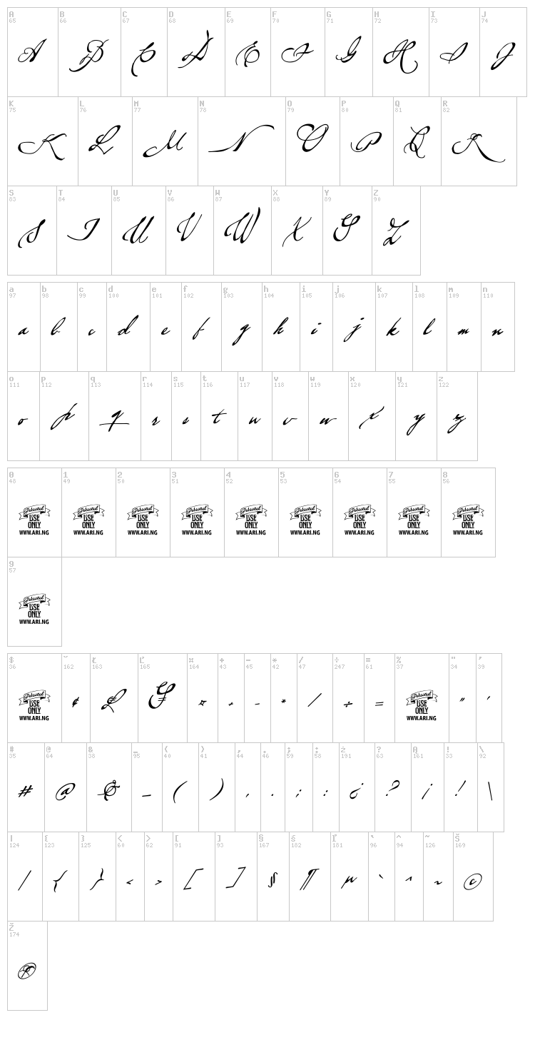 Brev Script font map