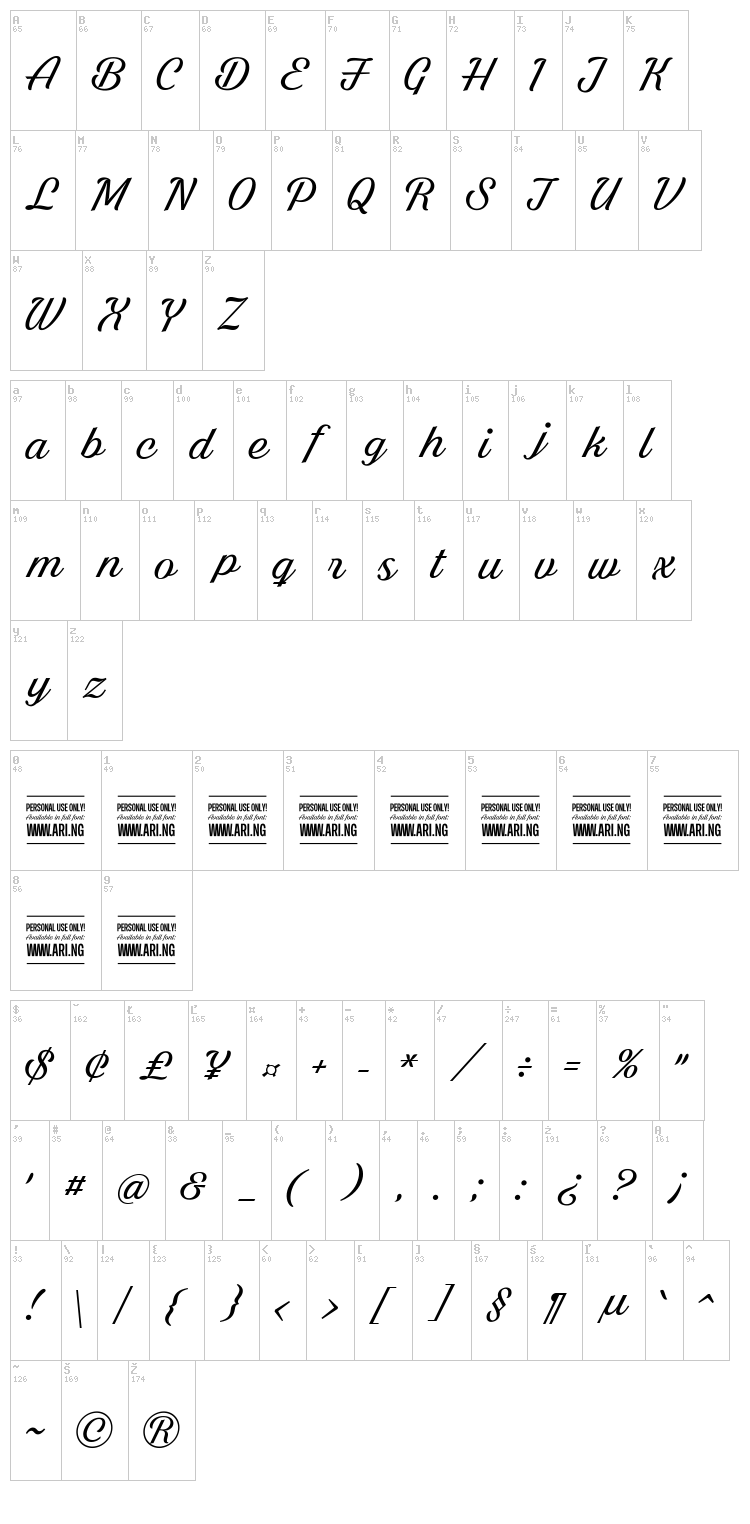 Bright Larch font map