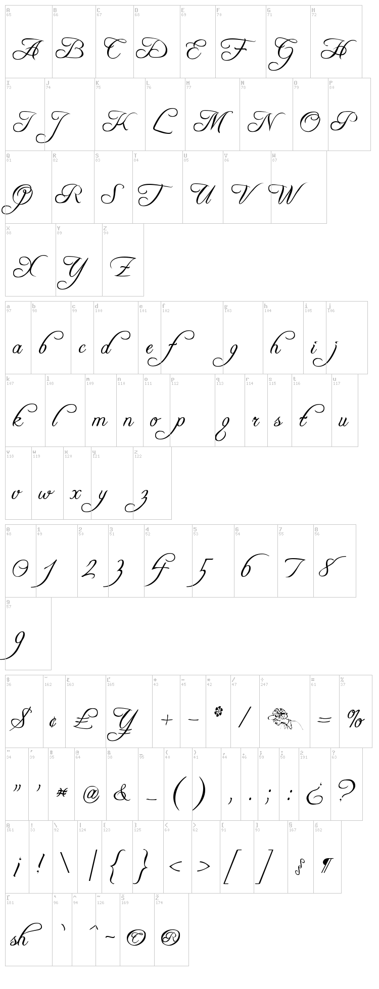 Freebooter Script font map