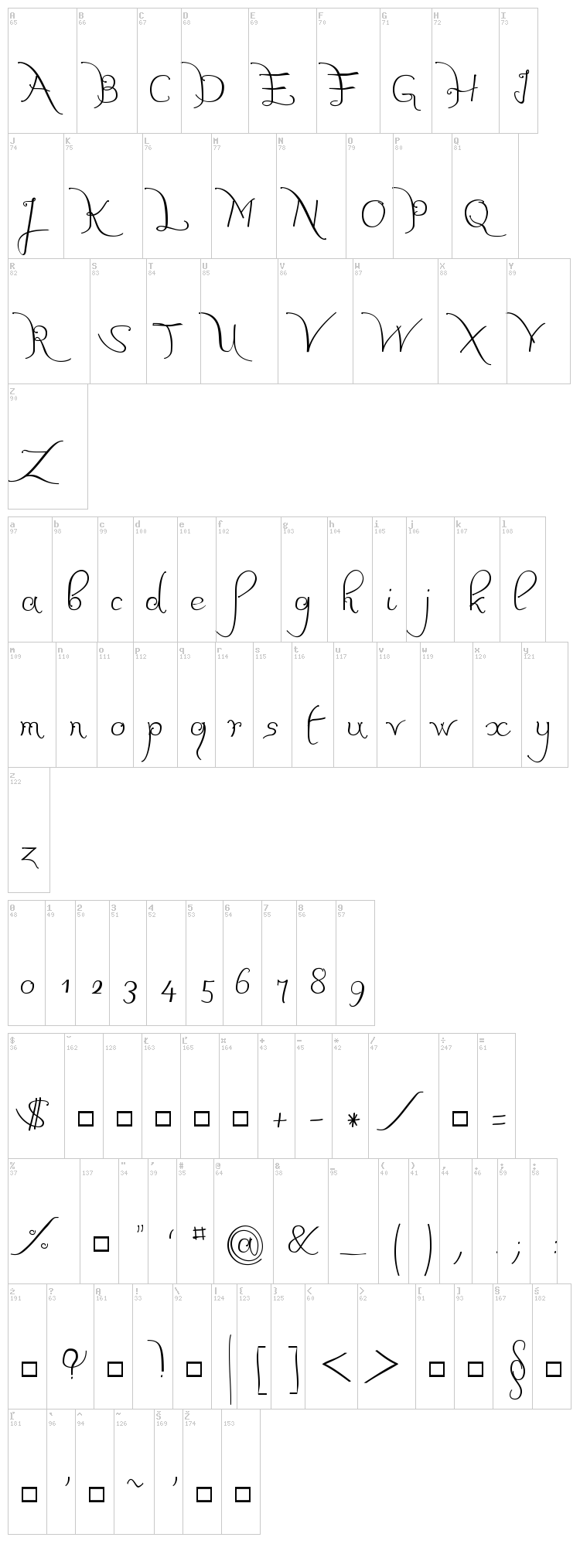 JB Calli font map