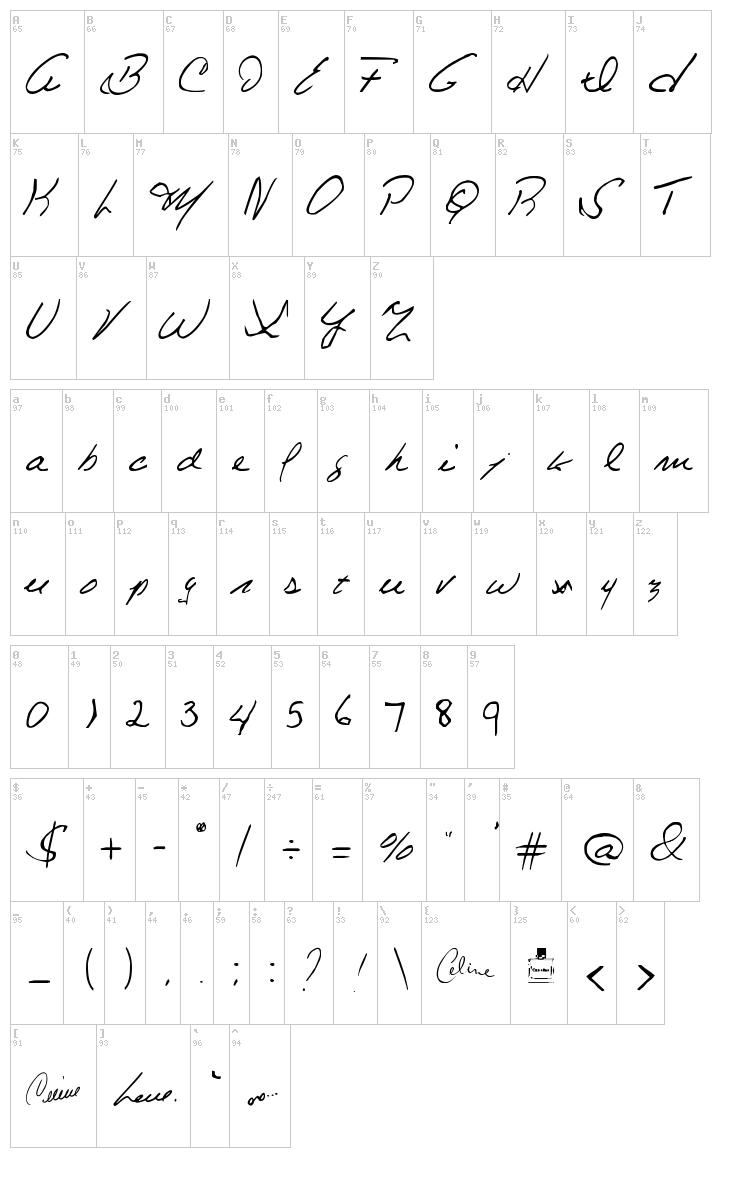 Celine Dion Handwriting font map