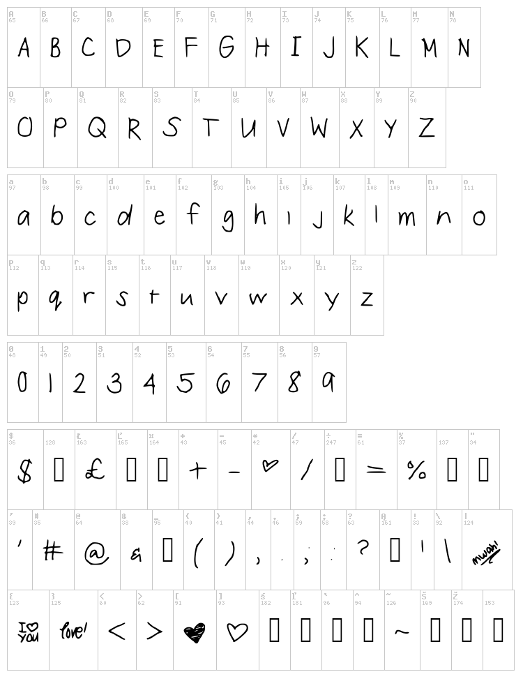 Love Struck font map