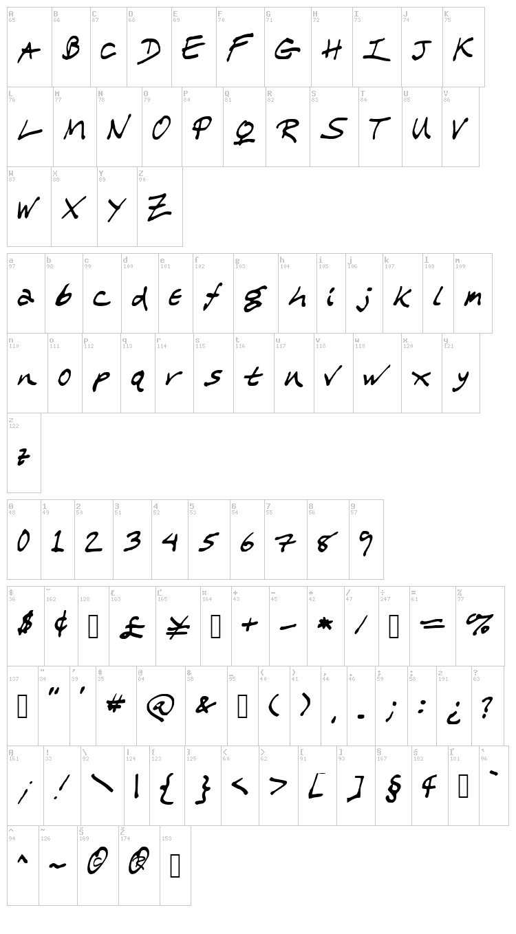 WL Scrawl My Children font map