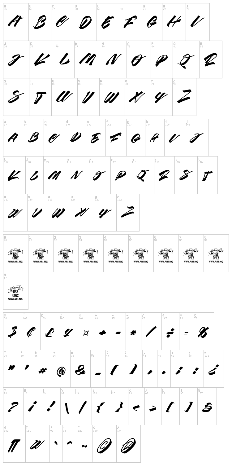 Race Fever Brush font map