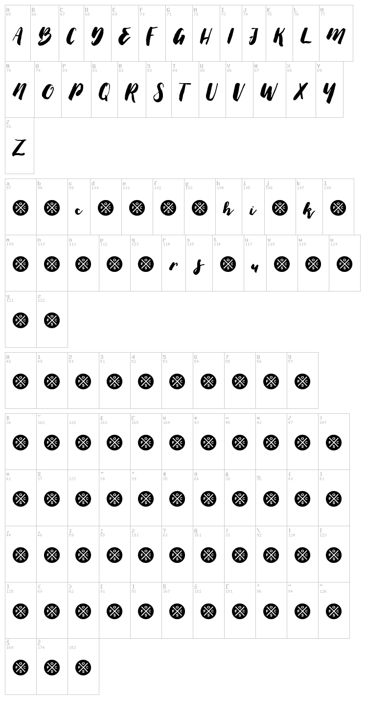 Thick Brush font map