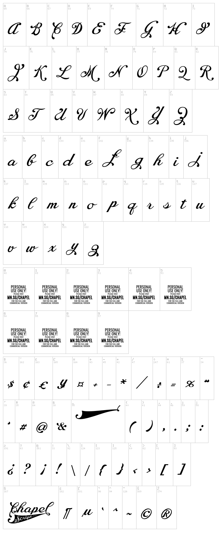 Chapel Script font map