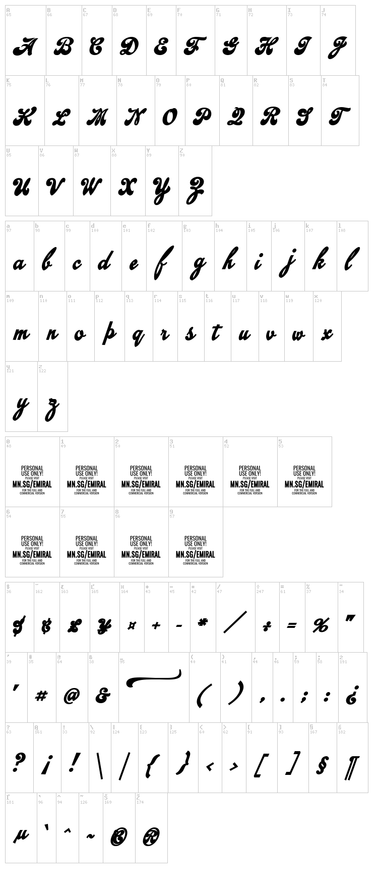 Emiral Script font map