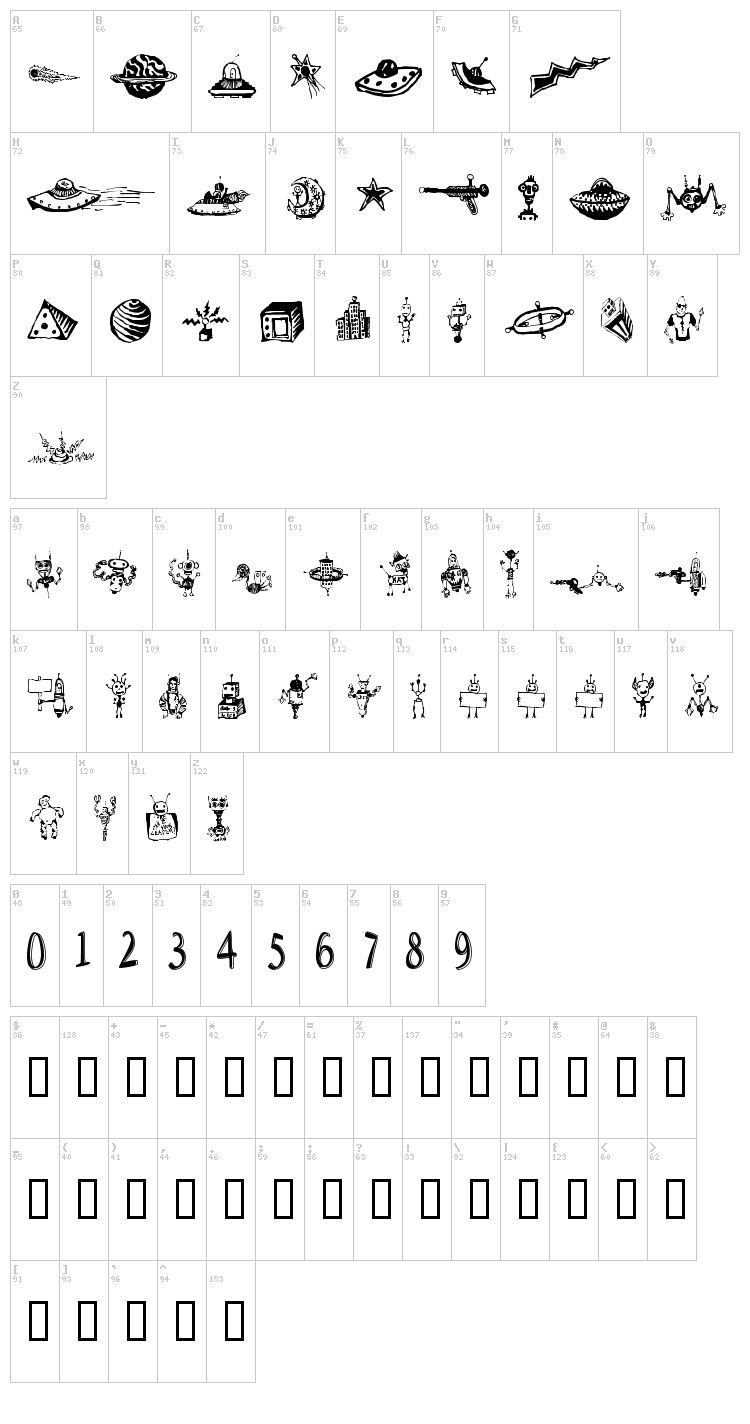 Space Woozies Extras font map