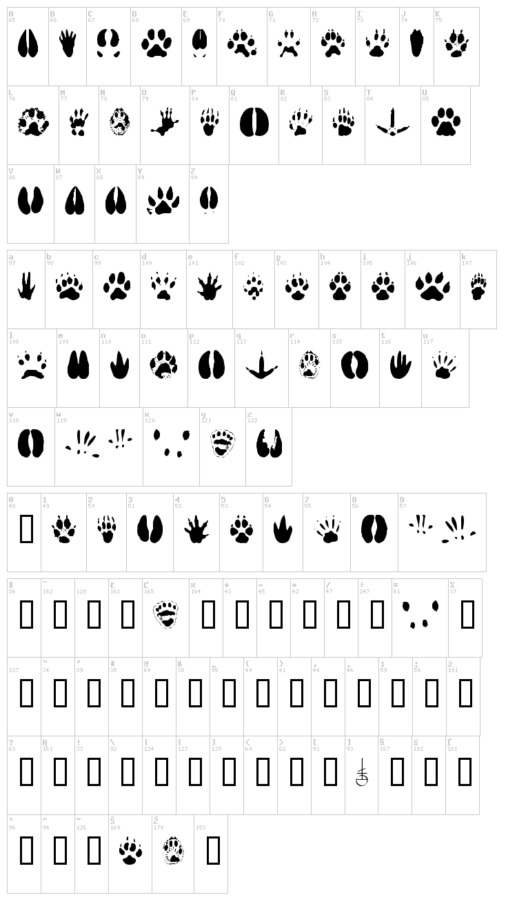 Animal Tracks font map