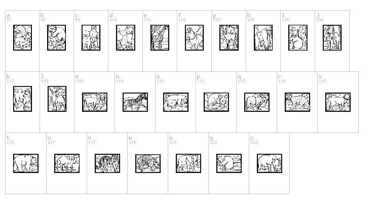 WW Animal Prints font map