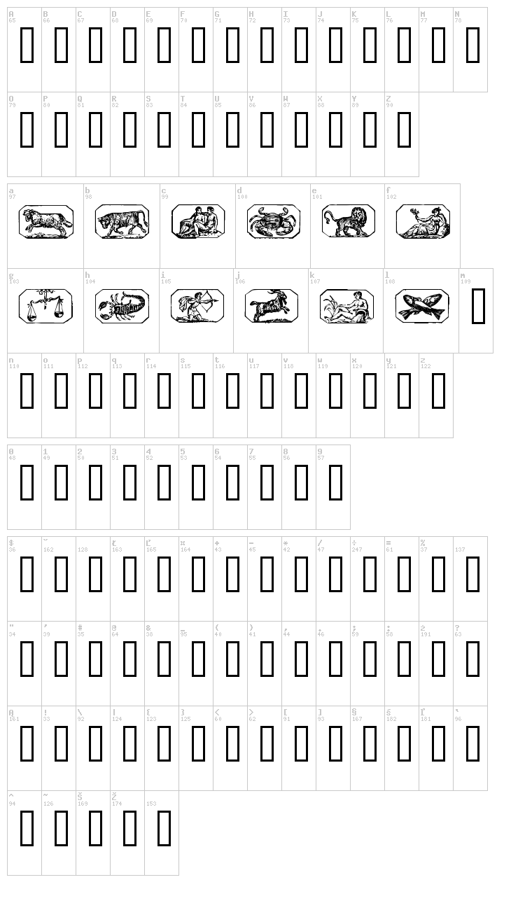 Zodiac 00 font map