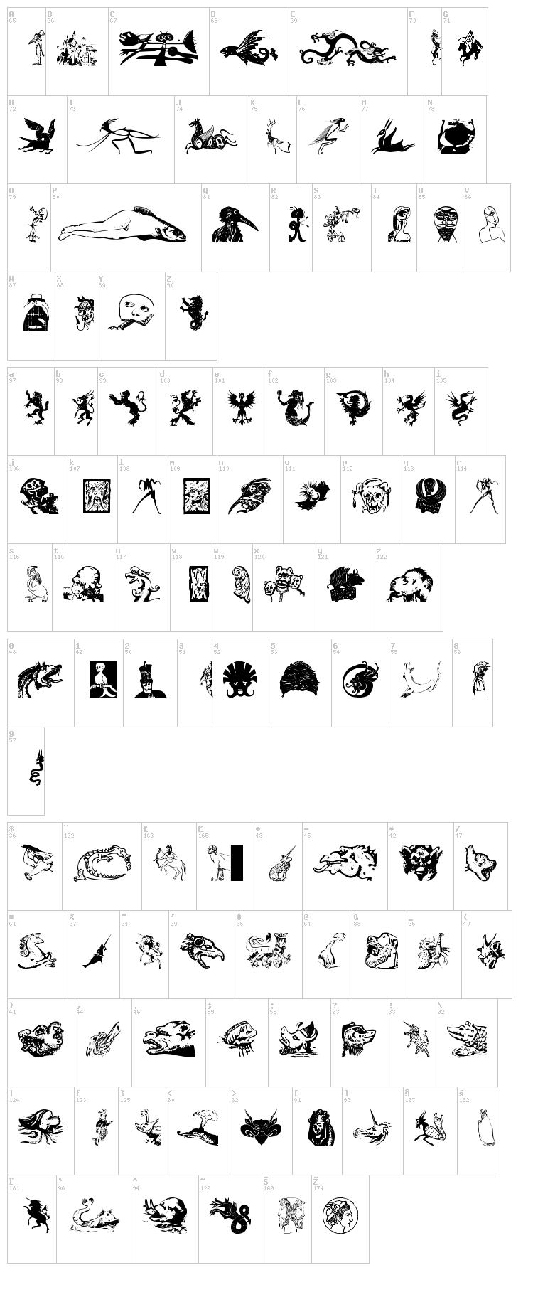 Mythologicals One font map