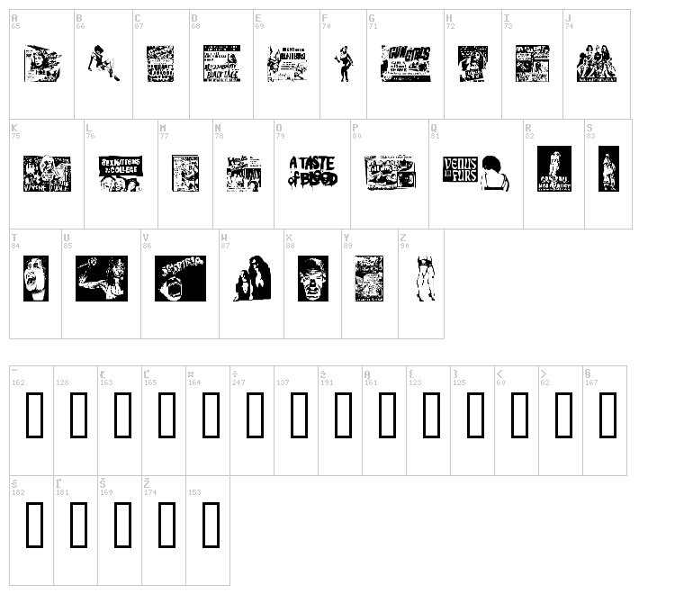 B Movie Dings font map