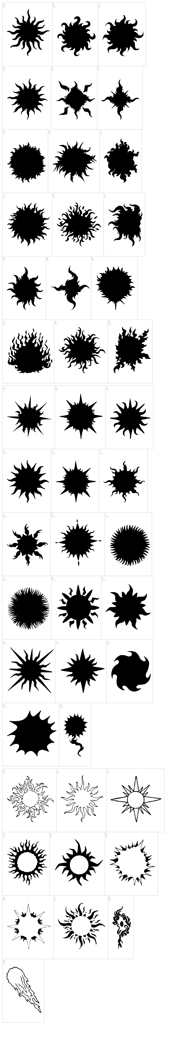 Flaming Stars & Splatters font map