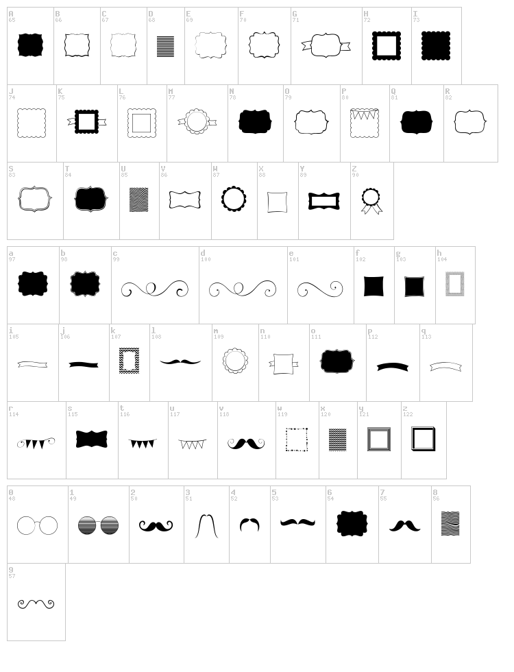 KG Flavor and Frames font map