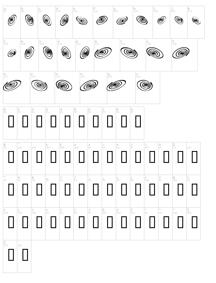 Omega Swirls font map