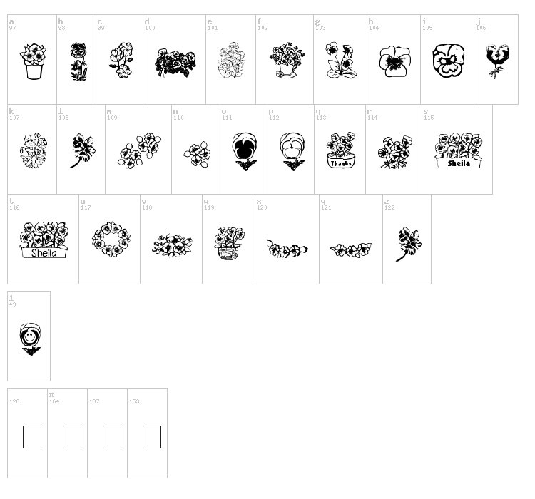 Pansies 4 Sheila font map