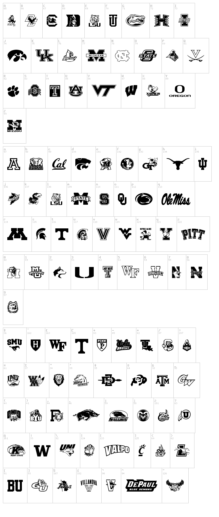 College Collage font map