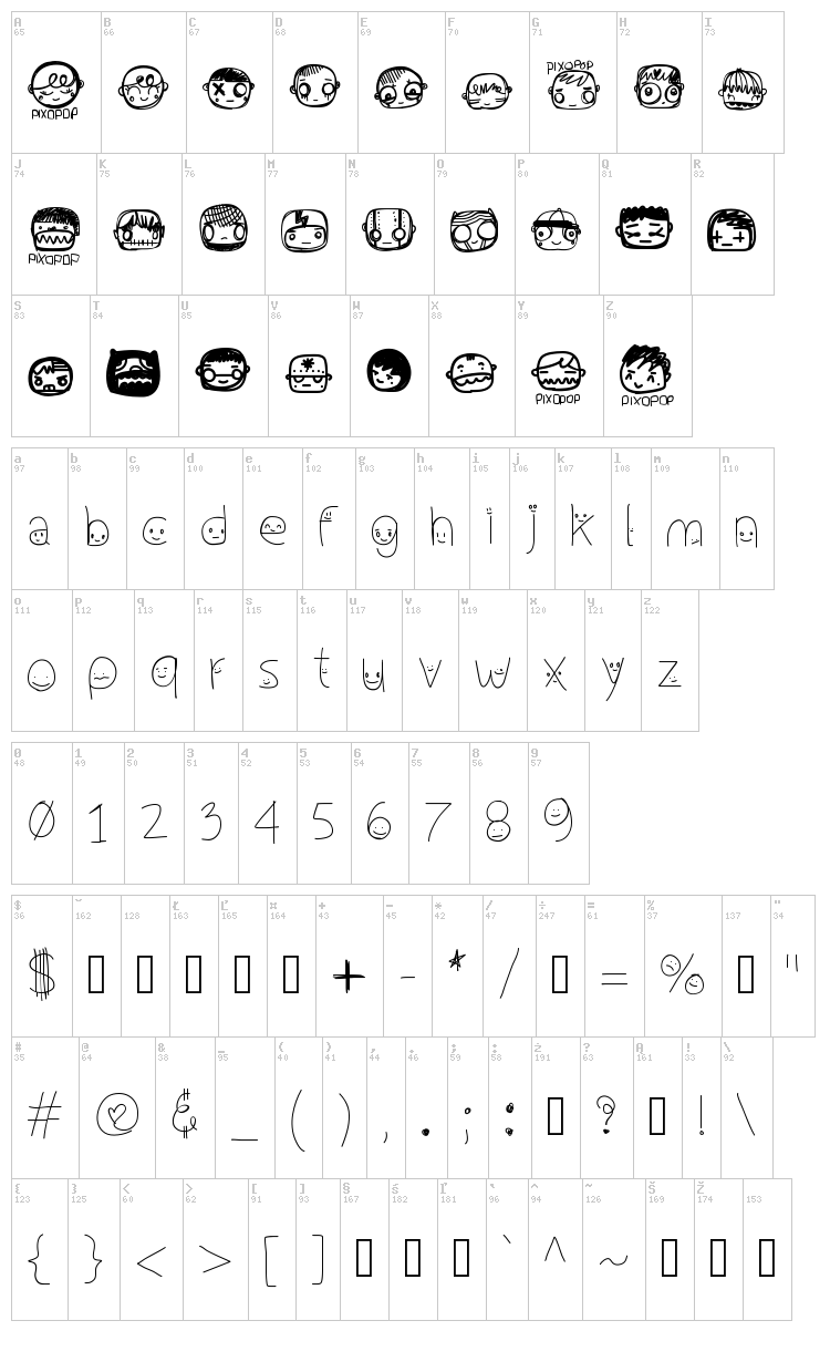 Pixopop Confusion font map