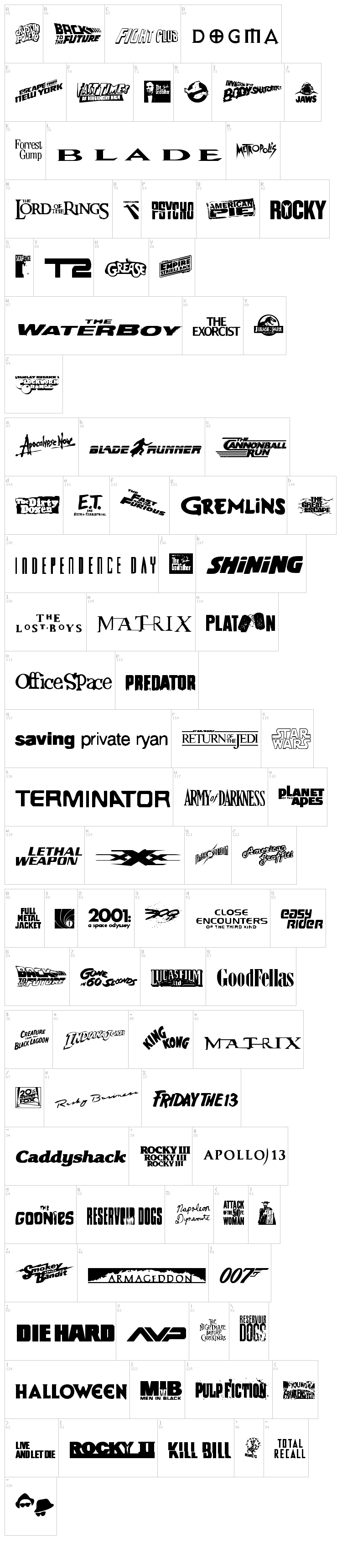 Movie Gallery font map