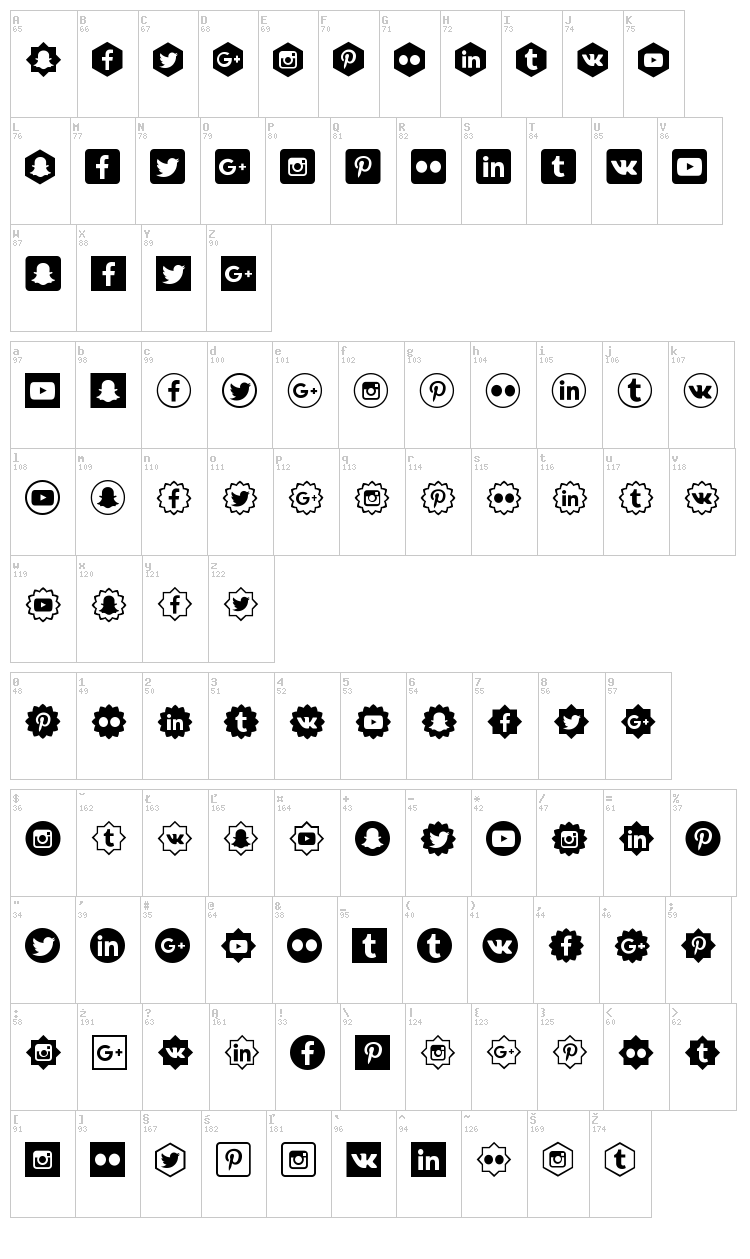 Social Shapes font map