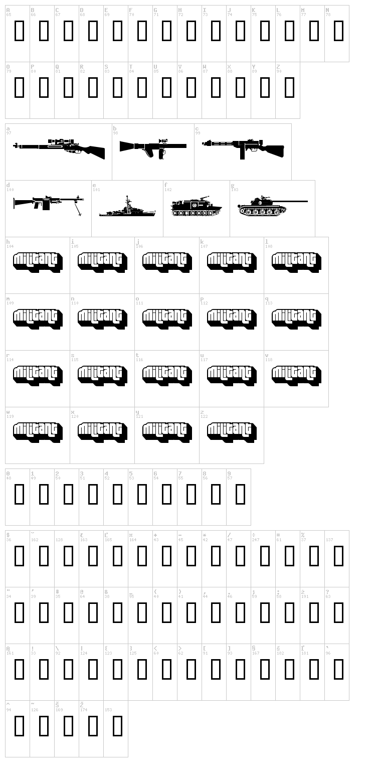 Military Dingbats font map