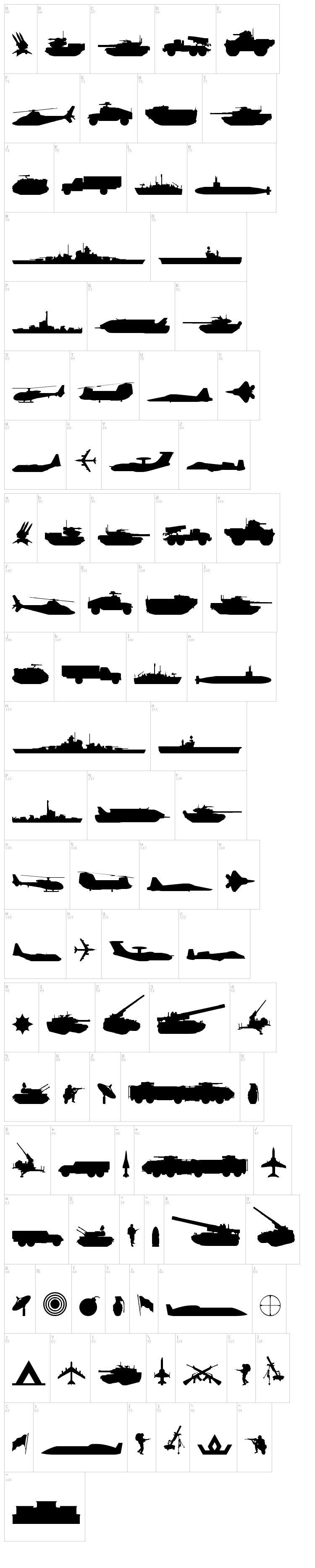 Military RPG font map