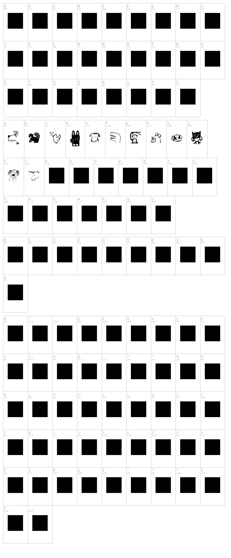 GM Doodles Animals font map