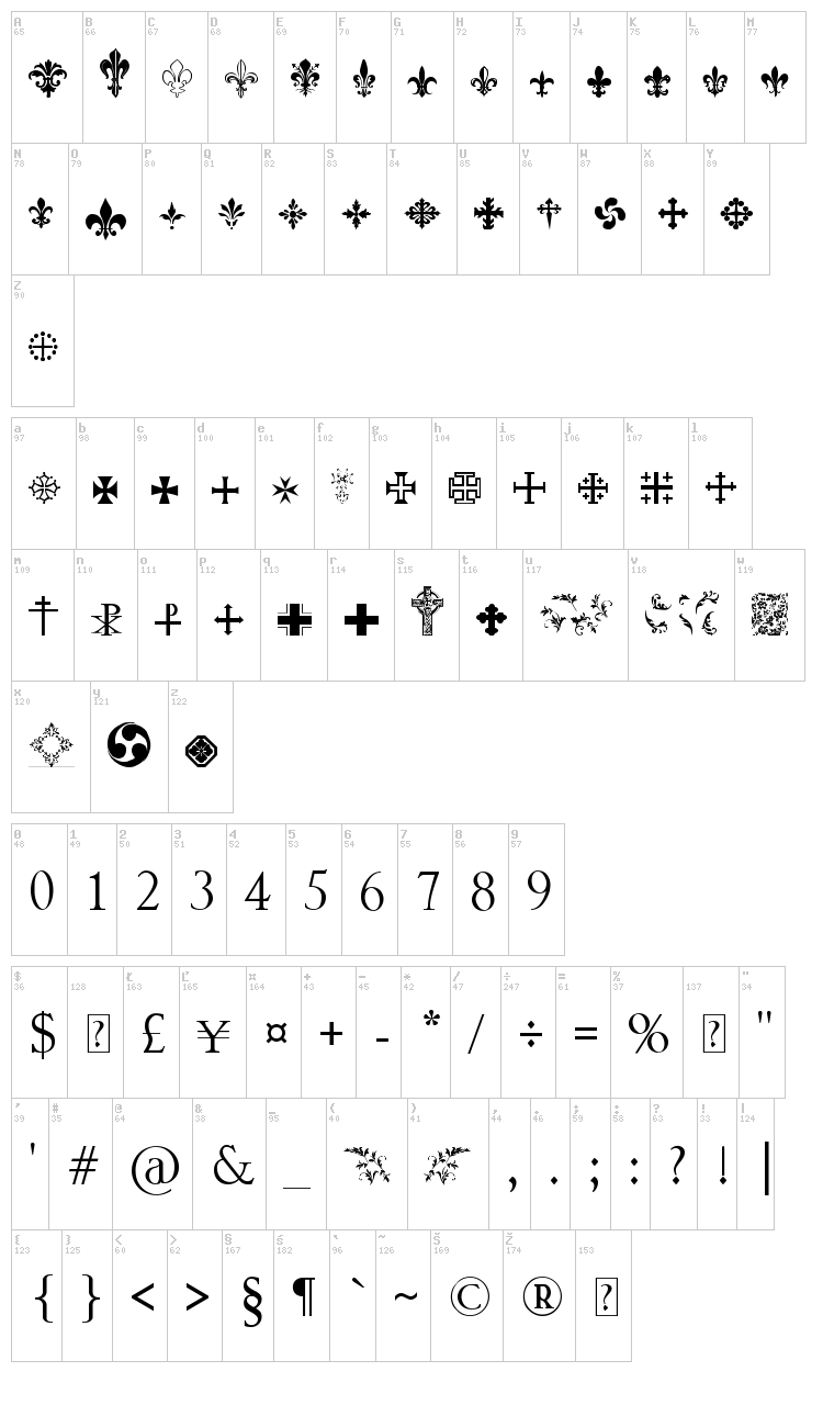 Symbol Crucifix font map