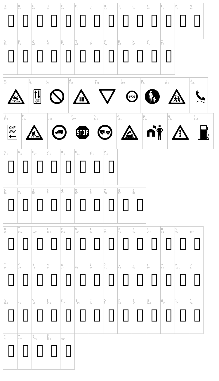 WM Roadsigns font map