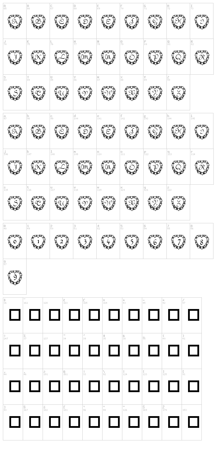 101! Heart Framed font map