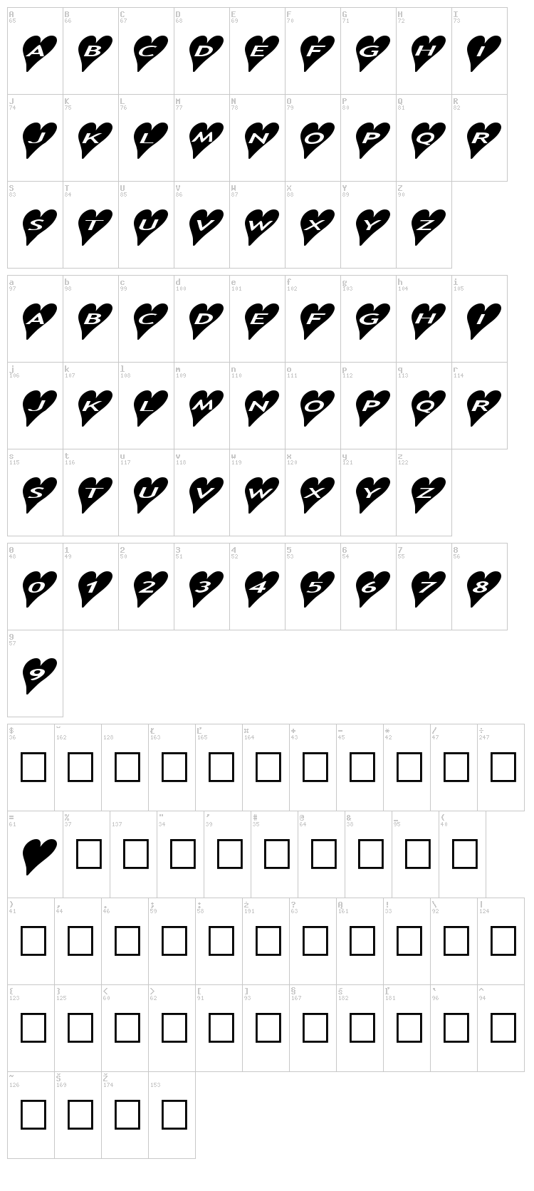 AlphaShapes Hearts font map