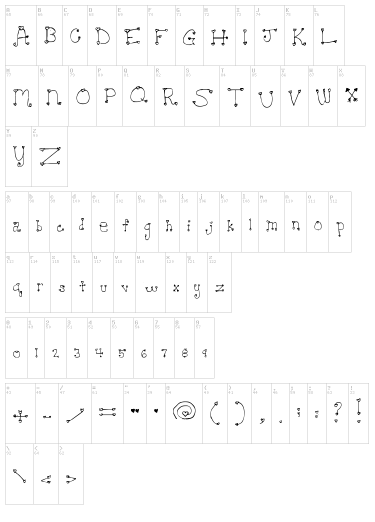 Heartache Teen Crush font map
