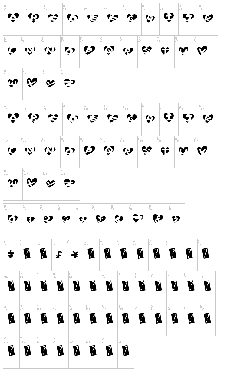 Heart Baller font map