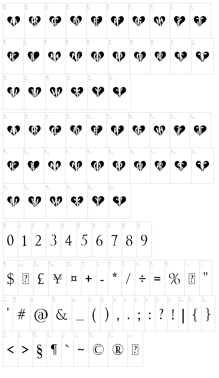 Heart Broken font map
