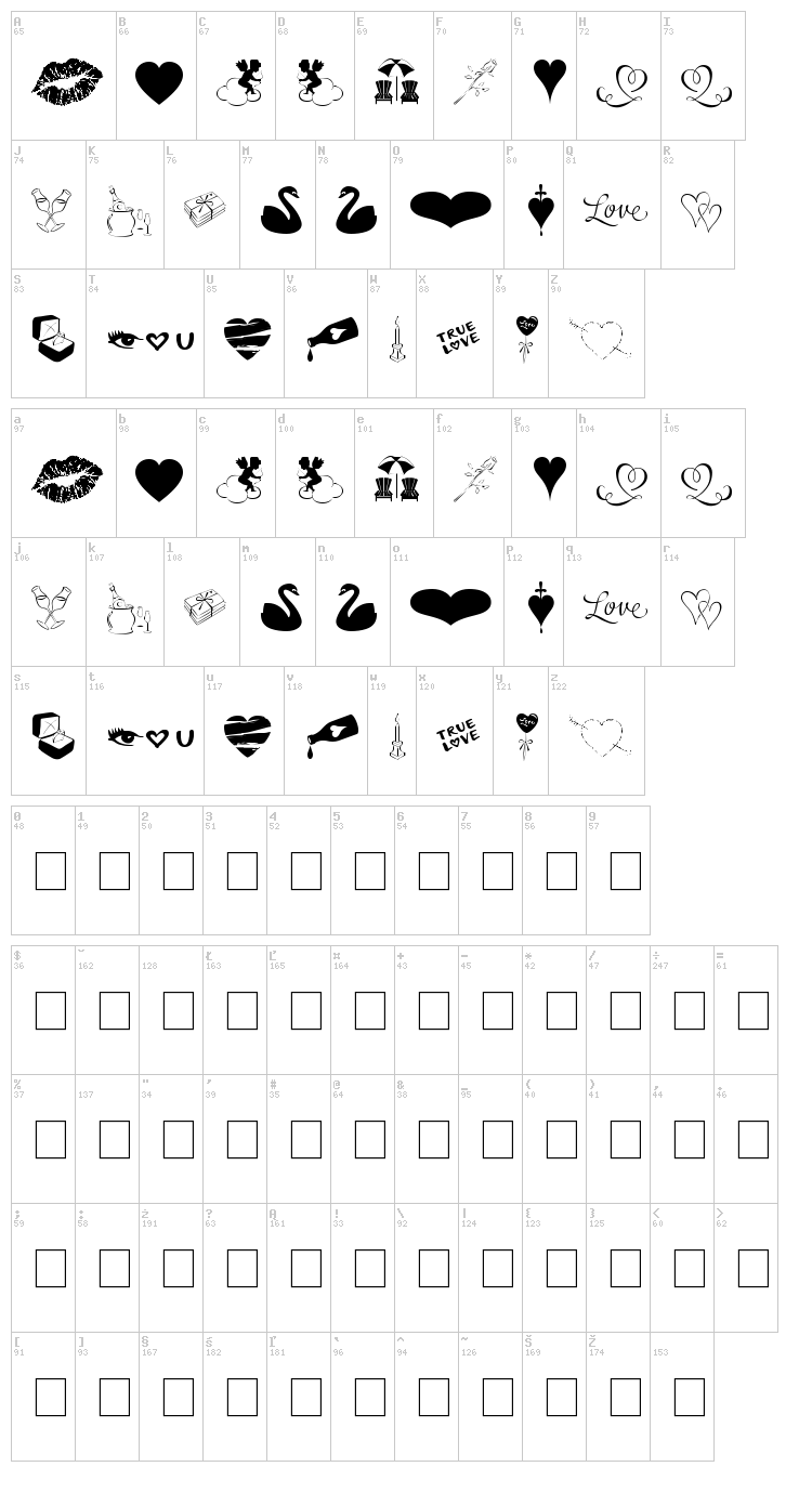Love Romance font map