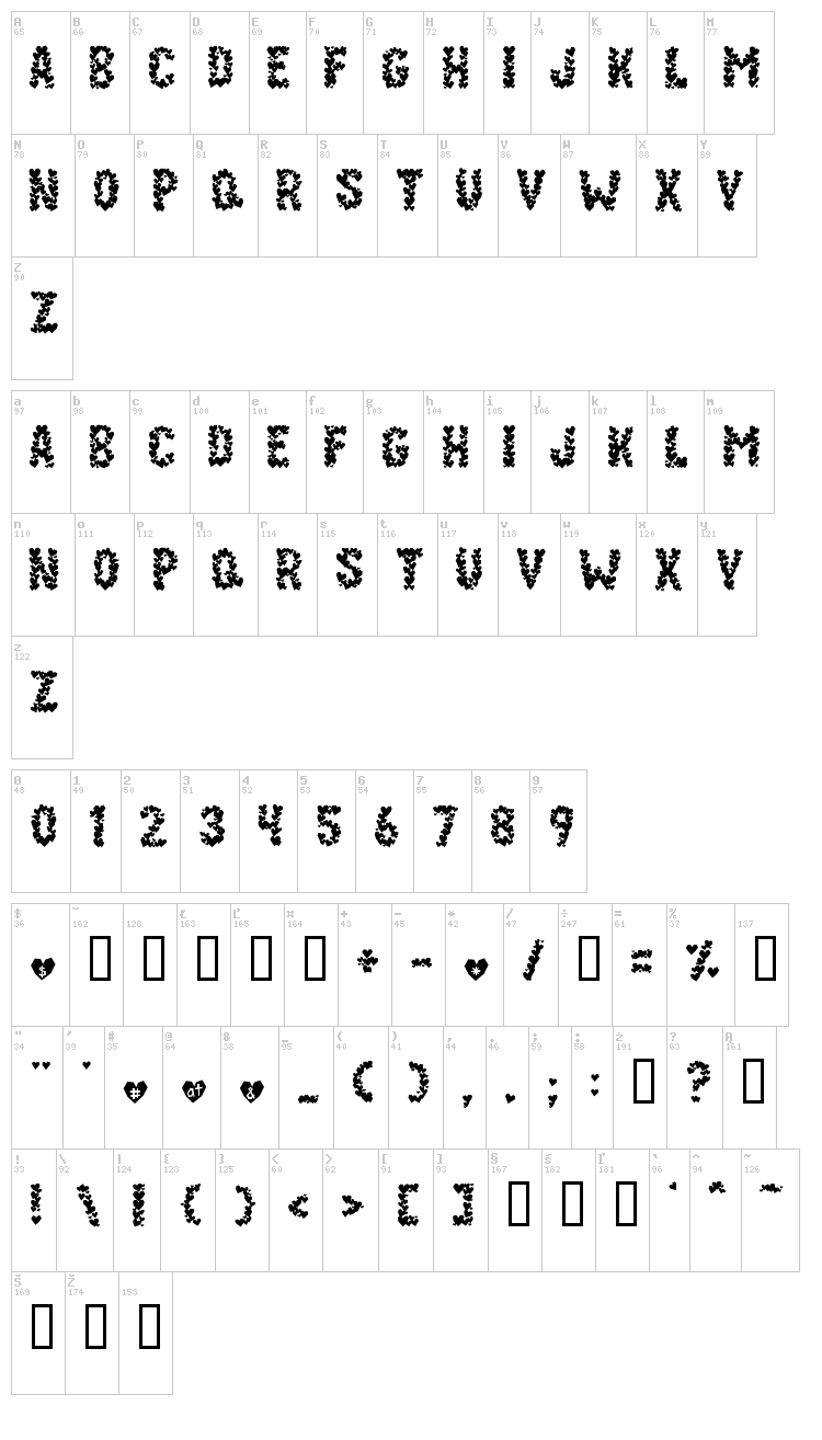 Paper Hearts font map