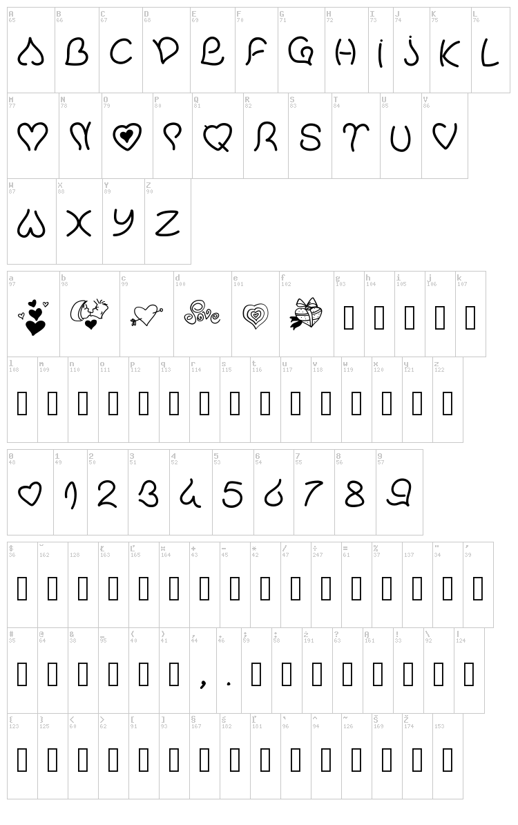 PW Valentine Love font map