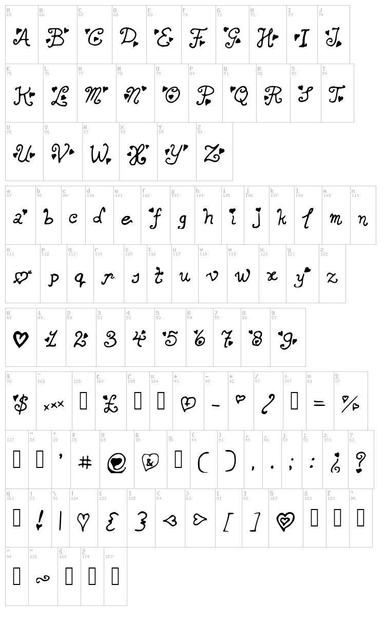 Secret Love Letters font map