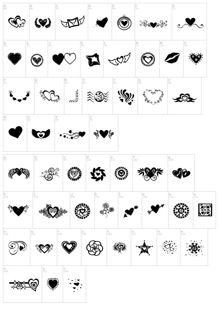 Sexy Rexy Smitten font map
