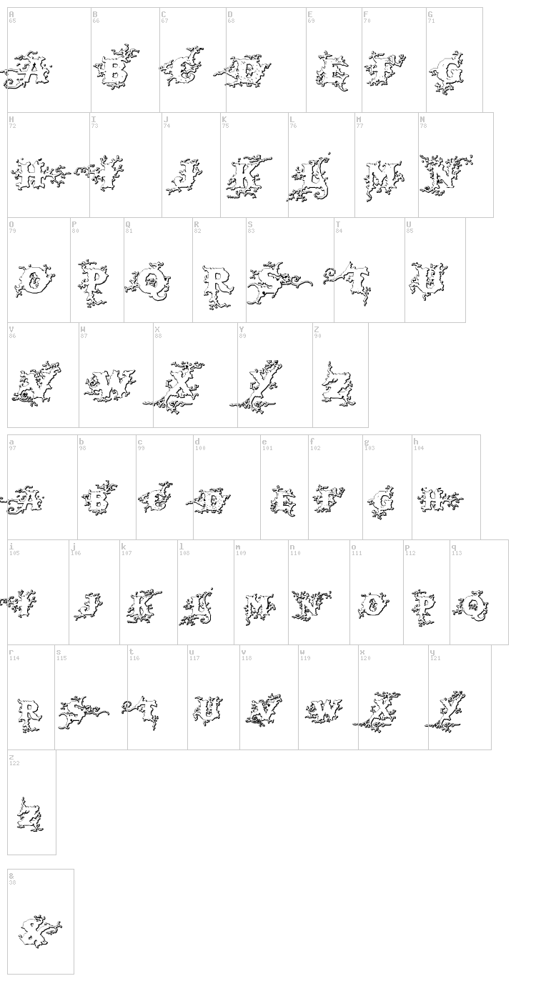 Dark Wood Beveled font map