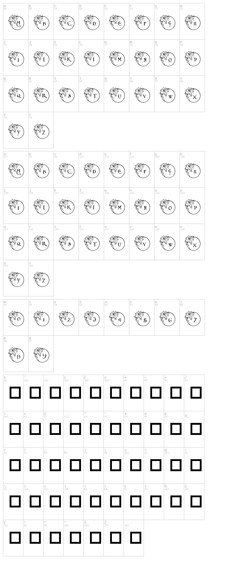PF Xmas Flower 1 font map